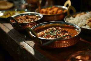 ai generato servendo indiano cucina menù con cucchiai su di legno tavolo superiore foto
