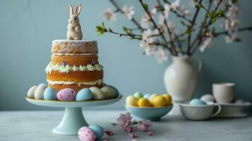 ai generato In piedi con Pasqua torta, dipinto uova e coniglietto foto