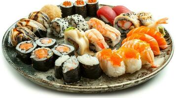 ai generato assortito Sushi rotoli e sashimi su un' piatto foto