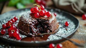 ai generato caldo cioccolato lava torta con mordere prese su di fuso centro foto