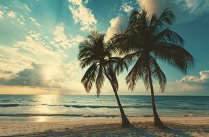 ai generato un' immagine di un' spiaggia con palma alberi e il sole su foto