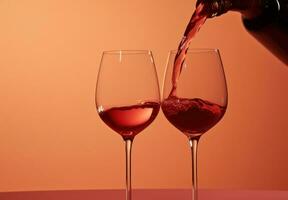 ai generato Due bicchieri di rosso vino siamo essere versato in ogni altro foto