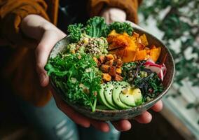 ai generato un' ciotola di vegano cibo con lattuga, foto