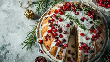 ai generato vista dall'alto di un' classico Natale torta Questo festivo torta foto