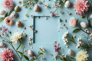 ai generato un' carta piazza circondato di fiori e Pasqua uova su blu foto