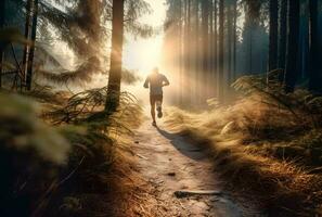 ai generato un' persona in esecuzione su un' pista su un' soleggiato mattina nel il foresta. foto