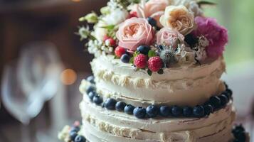 ai generato bianca nozze torta con fiori e mirtilli foto