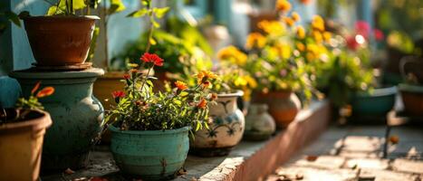 ai generato un' giardino con pentole e fiori foto