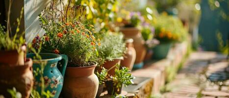 ai generato un' giardino con pentole e fiori foto