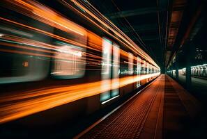 ai generato un' bellissimo lungo esposizione di un' treno passaggio di a il metropolitana stazione foto