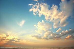 ai generato il bellissimo tramonto Visualizza con il blu cielo e nuvole nel estate foto
