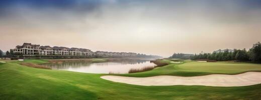 ai generato Alba serenità a il in riva al lago golf corso paesaggio foto