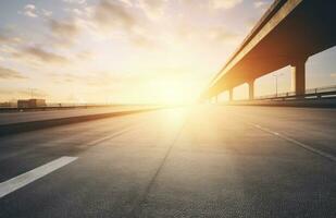 ai generato asfalto autostrada con bellissimo Visualizza di tramonto e nuvole foto
