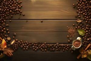 ai generato un' tazza di caffè sta su il tavolo tra il caffè fagioli, superiore Visualizza, piatto posizione, sfondo foto