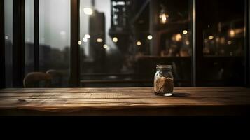 ai generato vuoto buio di legno tavolo nel davanti di astratto sfocato bokeh sfondo di ristorante . può essere Usato per Schermo o montaggio il tuo prodotti.mock su per spazio foto