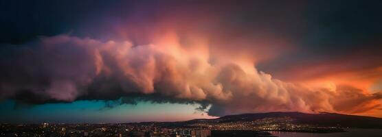 ai generato nuvole temporalesche su un epico drammatico tempestoso cielo con fulmine lampeggia al di sopra di il città foto