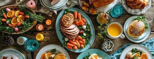 ai generato un' tavolo di Pasqua cibo, Compreso prosciutto, Pancakes foto