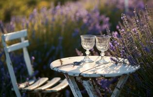 ai generato un' bianca tavolo superiore e bicchieri su un' tavolo nel lavanda foto