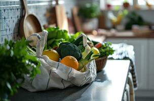 ai generato un' bianca Borsa pieno di verdure e frutta è seduta su un' contatore foto