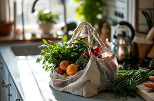 ai generato un' bianca Borsa pieno di verdure e frutta è seduta su un' contatore foto