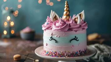 ai generato un' unicorno torta con rosa glassa e copia spazio foto