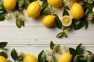 ai generato fresco limoni e fiori su bianca di legno sfondo foto