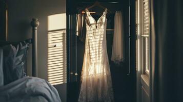 ai generato polaroid stile nozze vestito nel Aperto guardaroba nel il raggi di il crescente sole nel il Camera da letto, morbido messa a fuoco foto