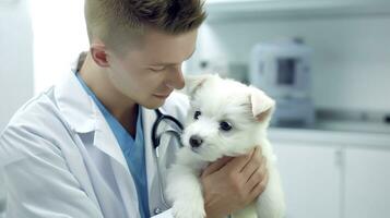 ai generato avvicinamento di un' giovane maschio veterinario nel un' bianca medico cappotto Tenere un' bianca cucciolo nel il suo braccia, selettivo messa a fuoco foto