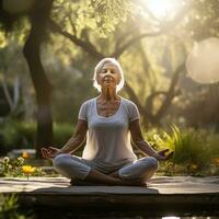 ai generato anziano donna fare yoga nel parco naturale leggero foto