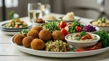 ai generato un' foto di un' veg cibo piatto su un' bianca di legno tavolo nel un' ristorante ambientazione vivace mediterraneo sapori con piatti piace Falafel, hummus, tabù, e grigliato verdure