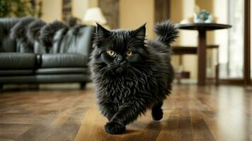 ai generato un' nero persiano gatto su un' solido colorato pavimento il dinamico energia come il gatto si avventa, salti, o tratti suo elegante arti, la creazione di un' serie di immagini quello trasmettere tutti e due movimento e grazia foto