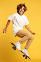 ai generato adolescente ragazzo andare con lo skateboard su giallo sfondo. foto