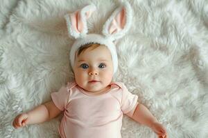 ai generato carino poco bambino nel coniglietto orecchie su un' bianca pelliccia lenzuolo, superiore Visualizza. bambino body modello. foto