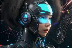 ai generato cyborg donna. artificiale intelligenza moderno tecnologia sfondo. professionista foto