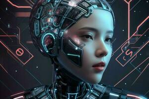 ai generato cyborg donna. artificiale intelligenza moderno tecnologia sfondo. professionista foto