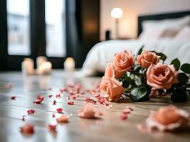 ai generato avvicinamento dettagliato ritratto di rosa Rose su il pavimento con un' sfocato letto sfondo foto