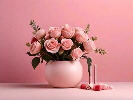 ai generato un' vaso di Rose con un' pulito design su un' rosa sfondo foto