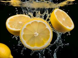 ai generato Limone fette con acqua spruzzi su nero sfondo foto