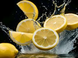 ai generato Limone fette con acqua spruzzi su nero sfondo foto