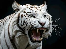 ai generato avvicinamento di un' feroce bianca tigre ruggente contro un' nero sfondo foto