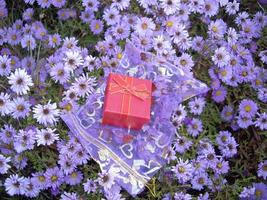 piccola confezione regalo su uno sfondo di fiori blu foto