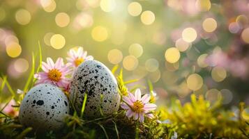 ai generato Pasqua pubblicità naturale sfondo con uova foto