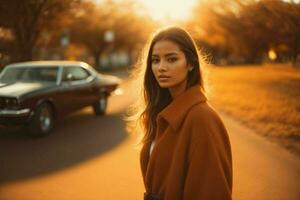 ai generato sbalorditivo bellissimo giovane donna con alto contrasto ombra e alla moda stile foto