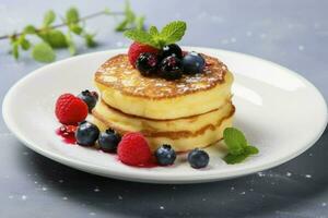 classico americano Pancakes con frutti di bosco e acero sciroppo per prima colazione foto