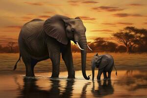 ai generato avvicinamento ritratto elefante e bambino elefante su blu cielo sfondo guardare giù foto