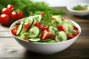 ai generato pomodori e cetrioli vitamina insalata nel un' bianca ciotola, legna sfondo. foto