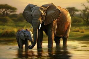 ai generato avvicinamento ritratto elefante e bambino elefante su blu cielo sfondo guardare giù foto