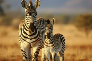 ai generato ritratto di un' zebra con giovane poco bambino zebra in piedi contro un' verde cespuglio foto