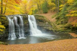 ai generato cascata nel autunno foresta paesaggio sfondo. professionista foto