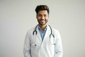 ai generato sorridente giovane maschio medico nel un' bianca cappotto, un' stetoscopio a un' Ospedale. professionista foto